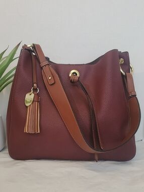 London Fog Burgundy Shoulder Bag with Tan Strap and Tassel